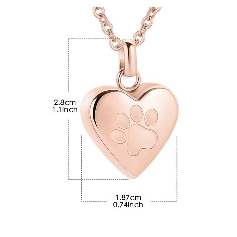 Titanium steel heart pendant necklace with paw print design and openable cinerary casket