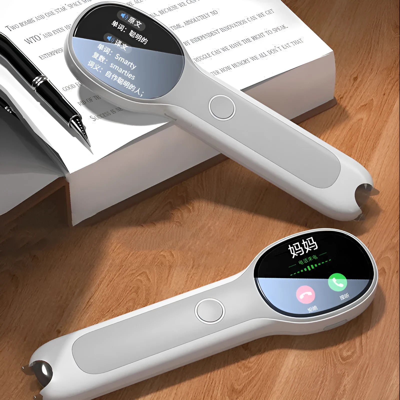 White Universal Reading Pen Basic Edition for language translation, shown with USB cable.