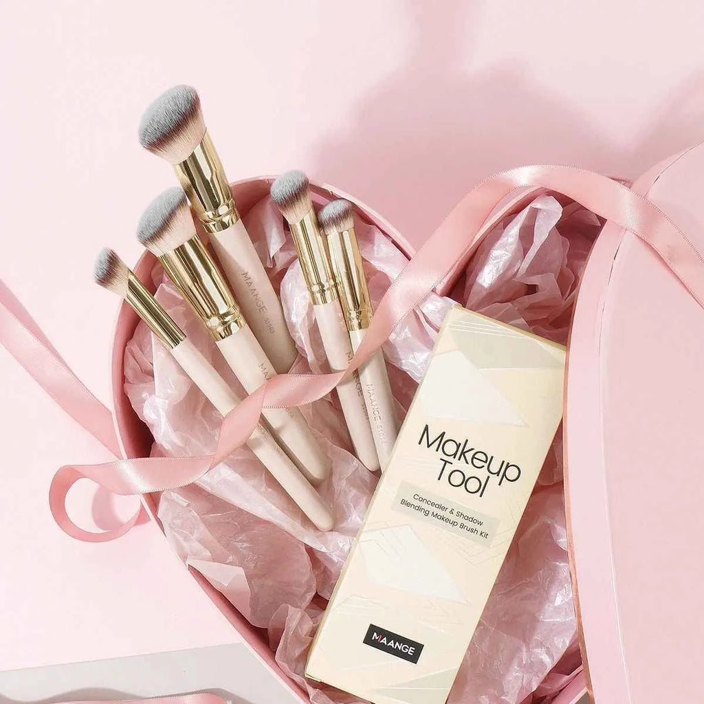 MAANGE five angled apricot-coloured kabuki makeup brushes for foundation, blush, and powder application