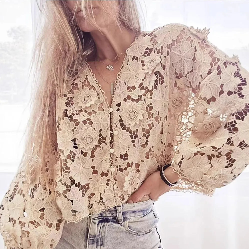 Women's loose fit lace cardigan with three-dimensional flower decoration and V-neck hollow sleeves