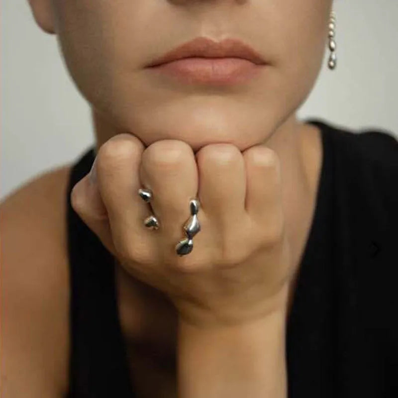 Brass opening ring with sphere circle detail in gold colour, adjustable women's fashion jewellery