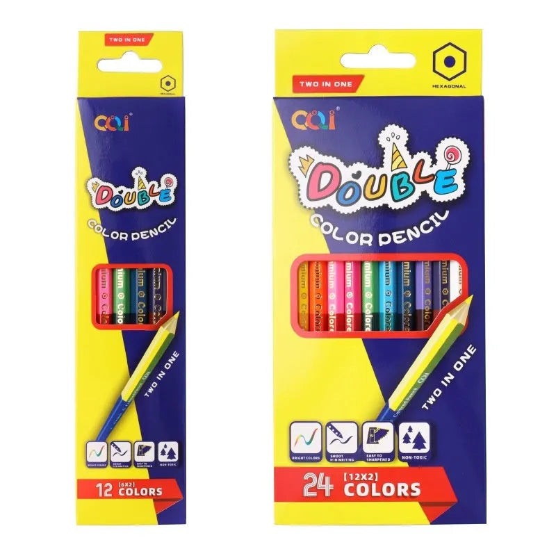 Set of 12 wooden double-tipped colour pencils showing 24 different colour leads for art and drawing