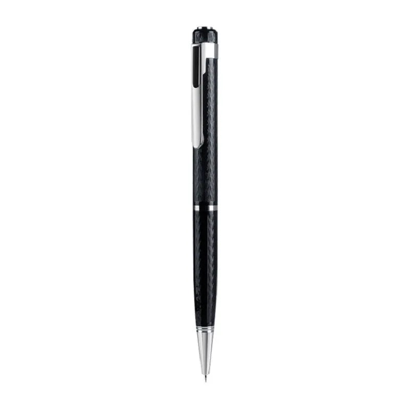 Black pen-shaped voice recorder showing dimensions with included headset and cable