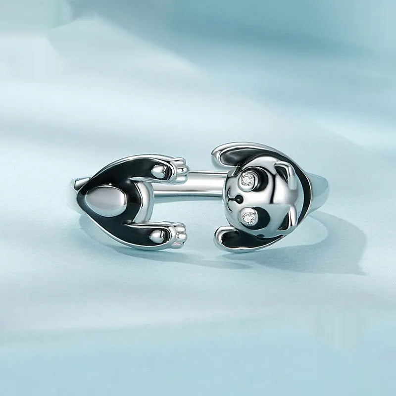 Sterling silver panda open ring bracelet with white gold plating and adjustable opening in SCR969-E colour