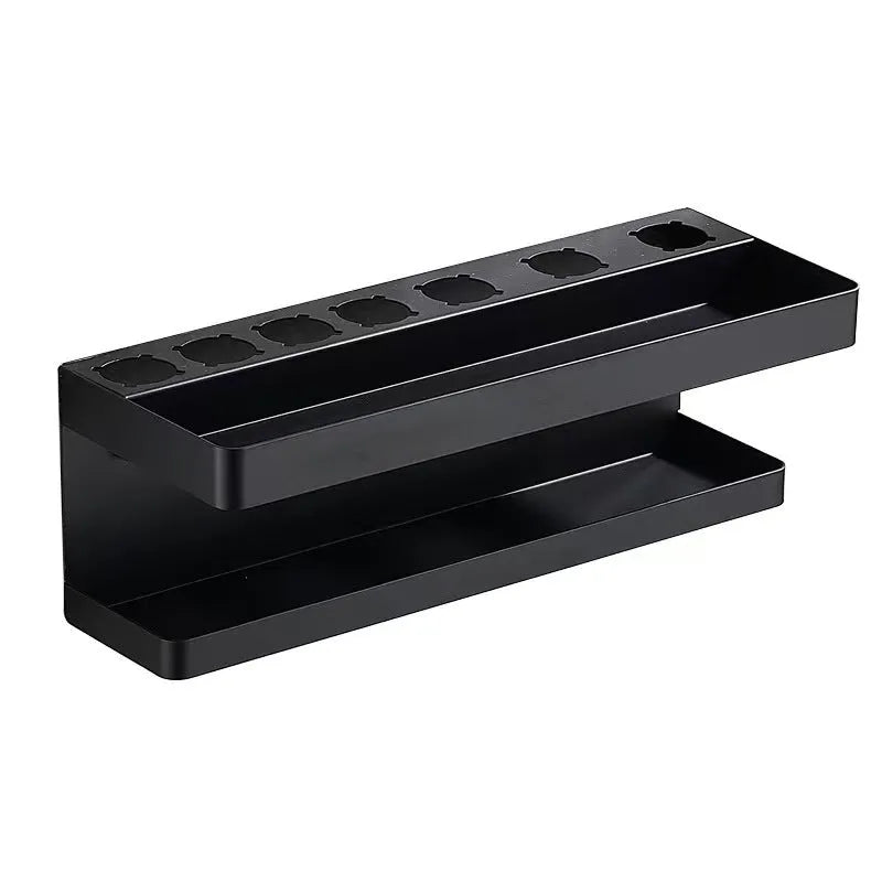 White aluminium double-layer bathroom storage rack mounted on wall holding hair styling tools