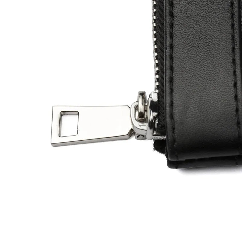 Men's black leather plaid clutch wallet showing 20x10cm dimensions and top layer cowhide texture