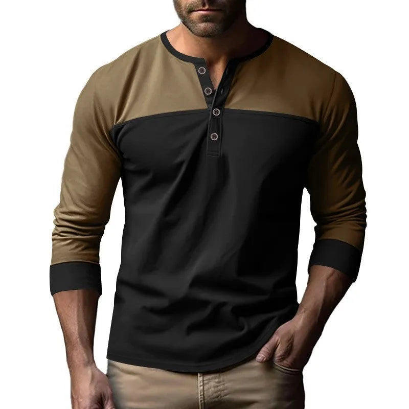Men's long sleeve casual shirt with henry collar in solid colour beaded twill fabric.
