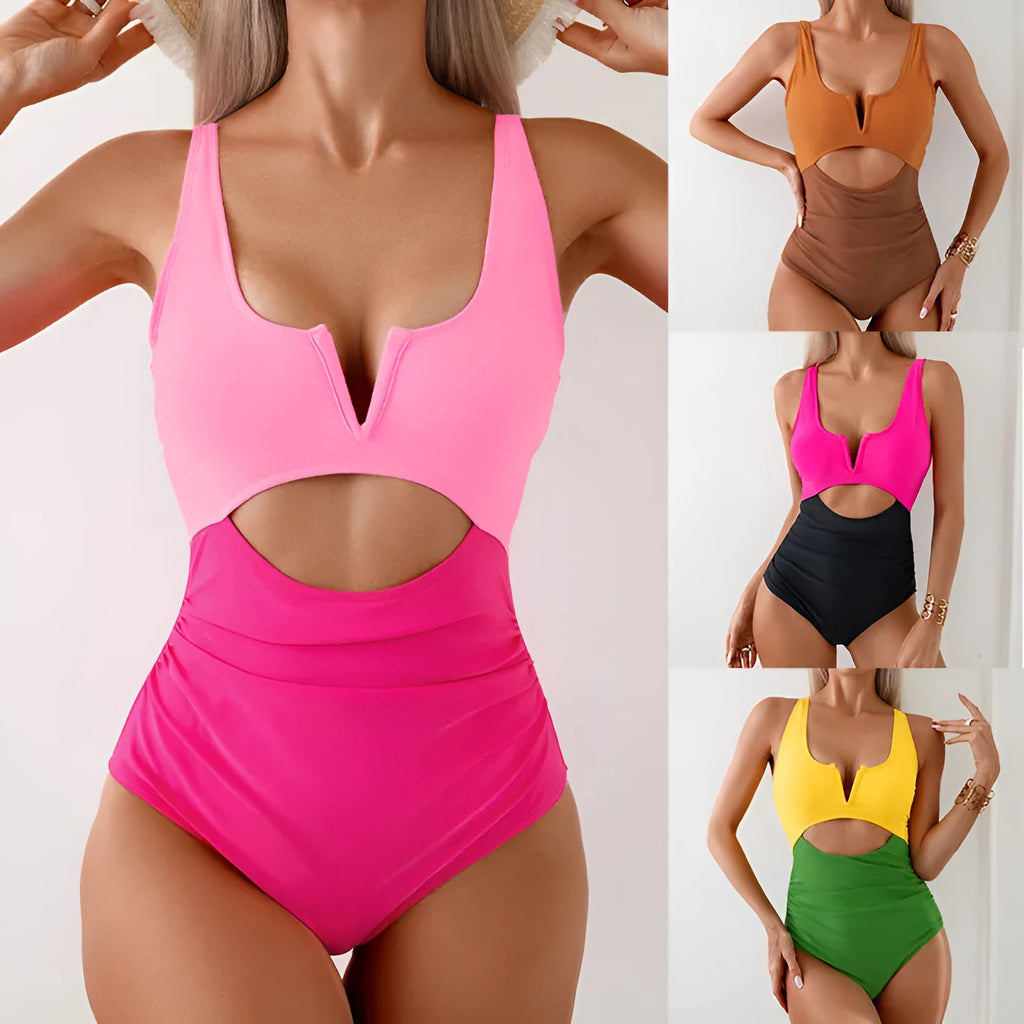 Women's one-piece swimsuit with contrast colour block pattern in nylon fabric.