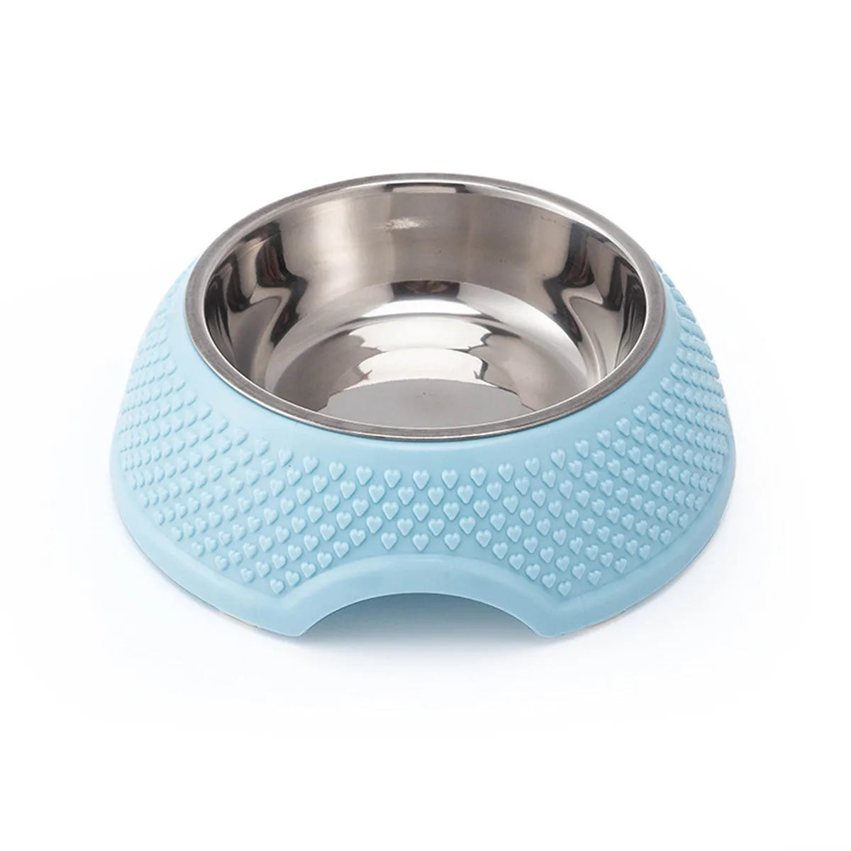 Blue stainless steel pet feeder with four bowls and a non-slip rubber base on a wooden floor.