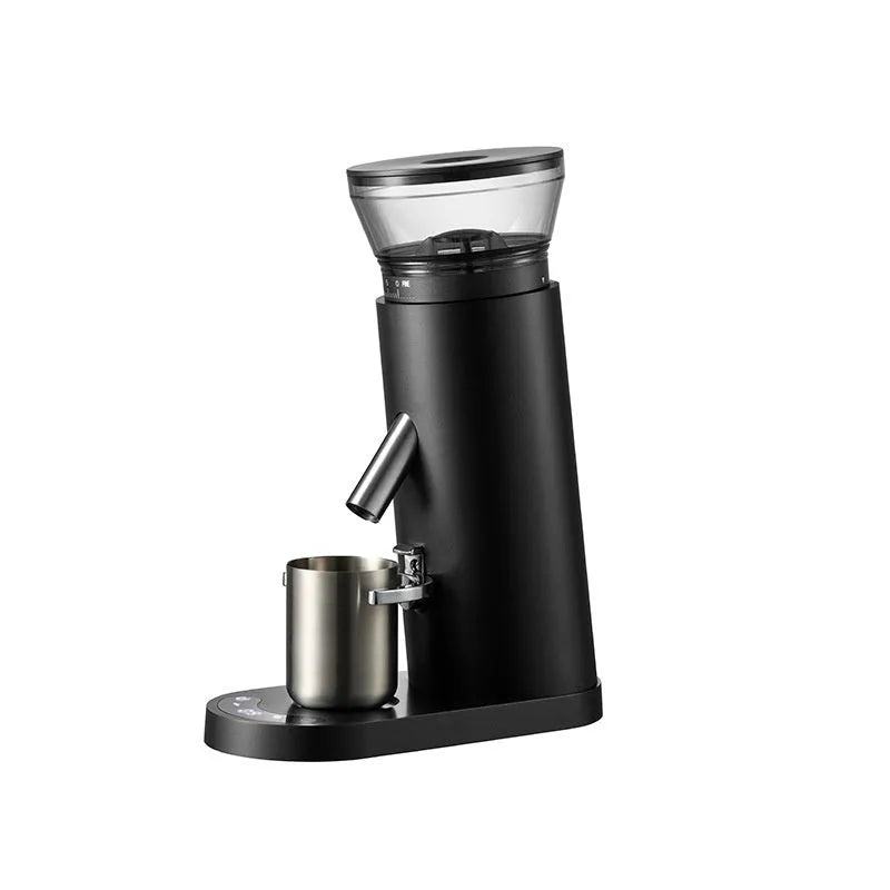 Portable stainless steel electric coffee grinder in beige and black retro styles.