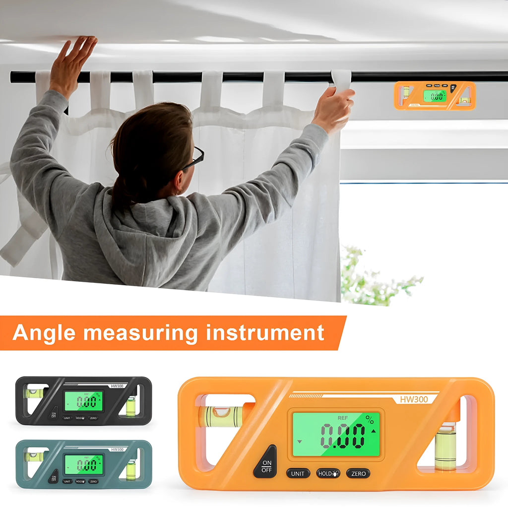 Digital display inclinometer level meter with magnetic strip on its base showing angle reading.