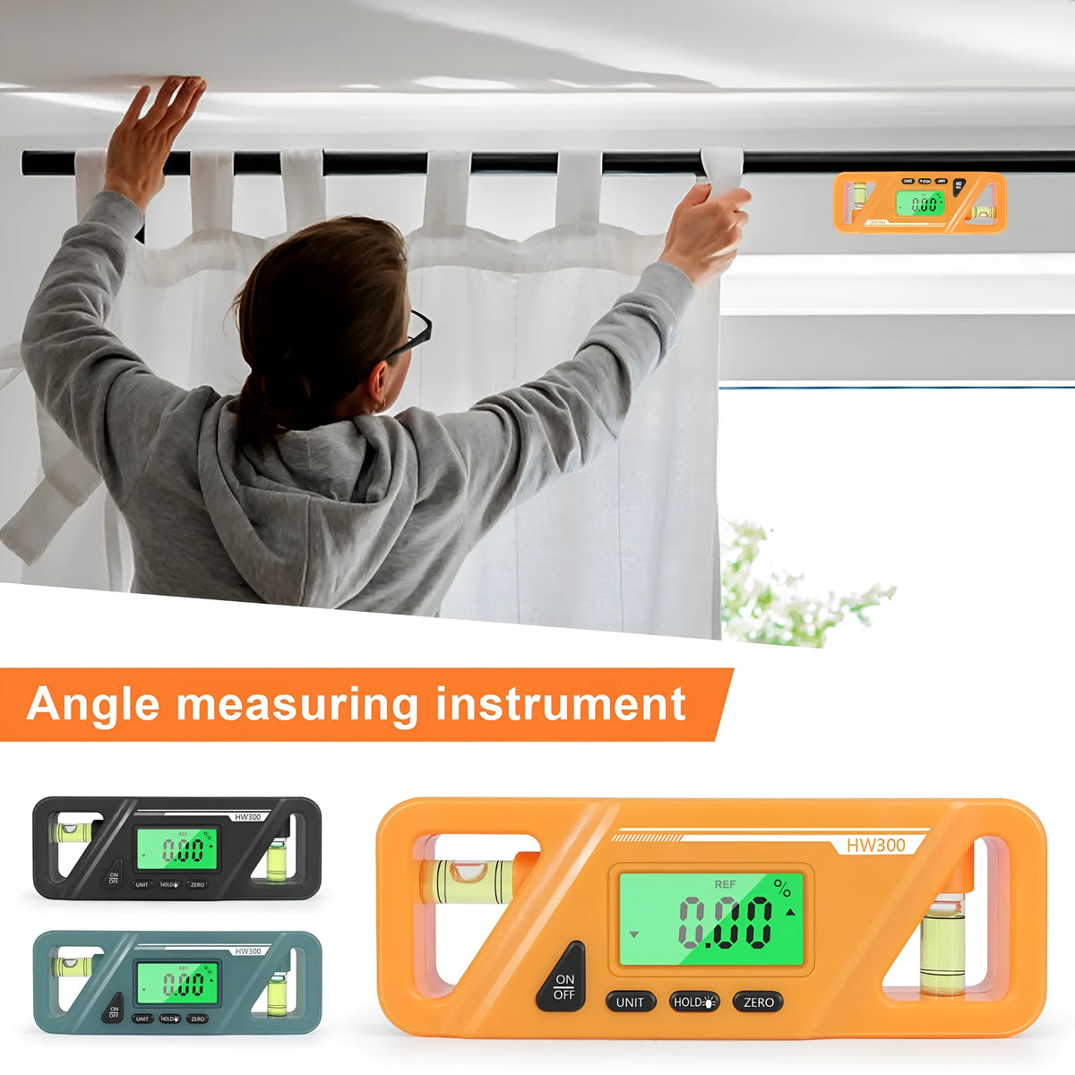 Digital display inclinometer level meter with magnetic strip on its base showing angle reading.