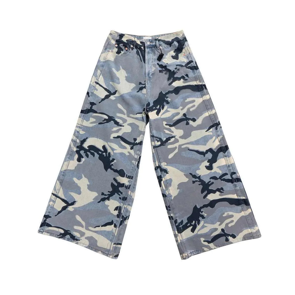 Man and woman modelling blue snow camouflage loose-fit stretch denim jeans.