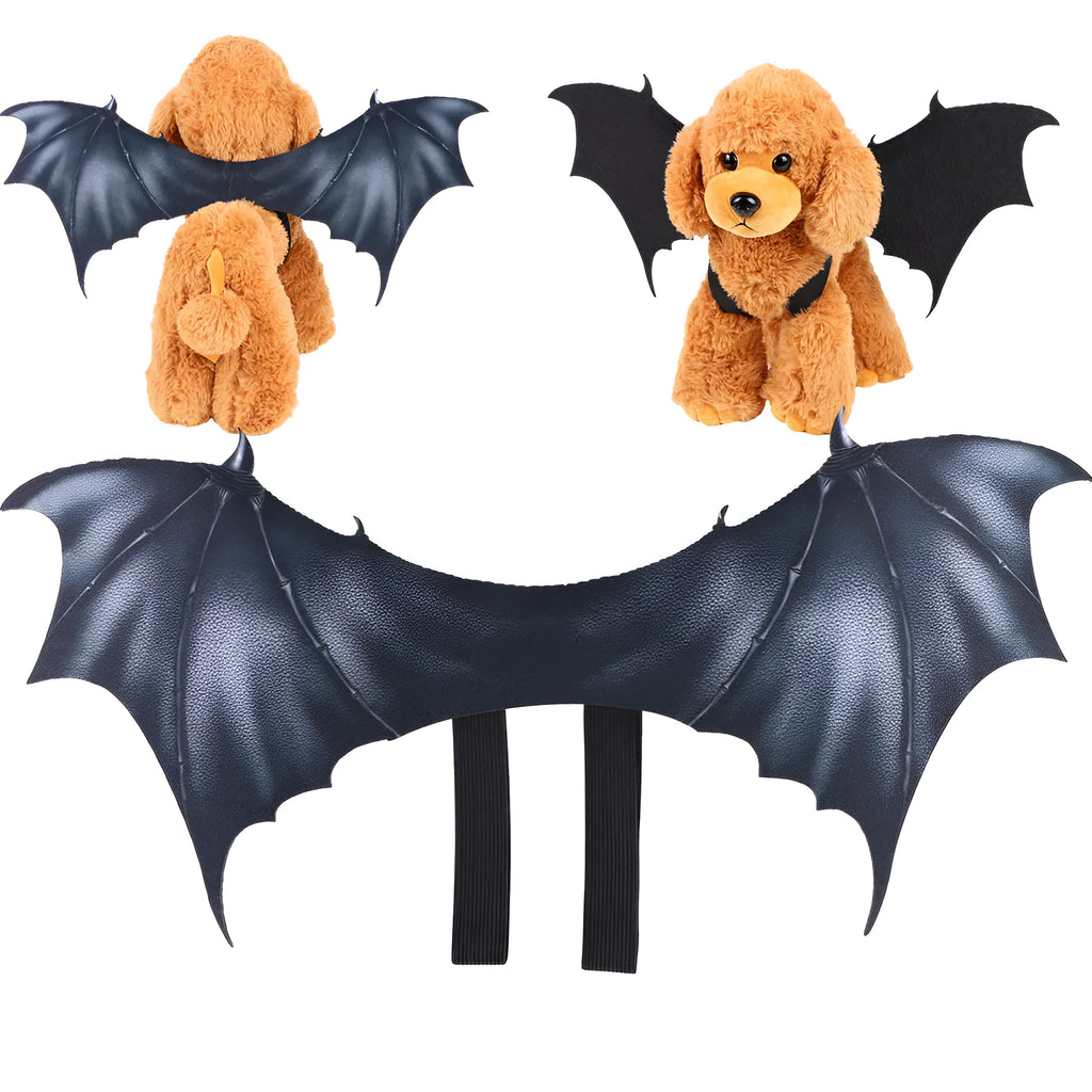 Black cloth bat wing costume for dog or cat on Halloween, shown in three sizes.