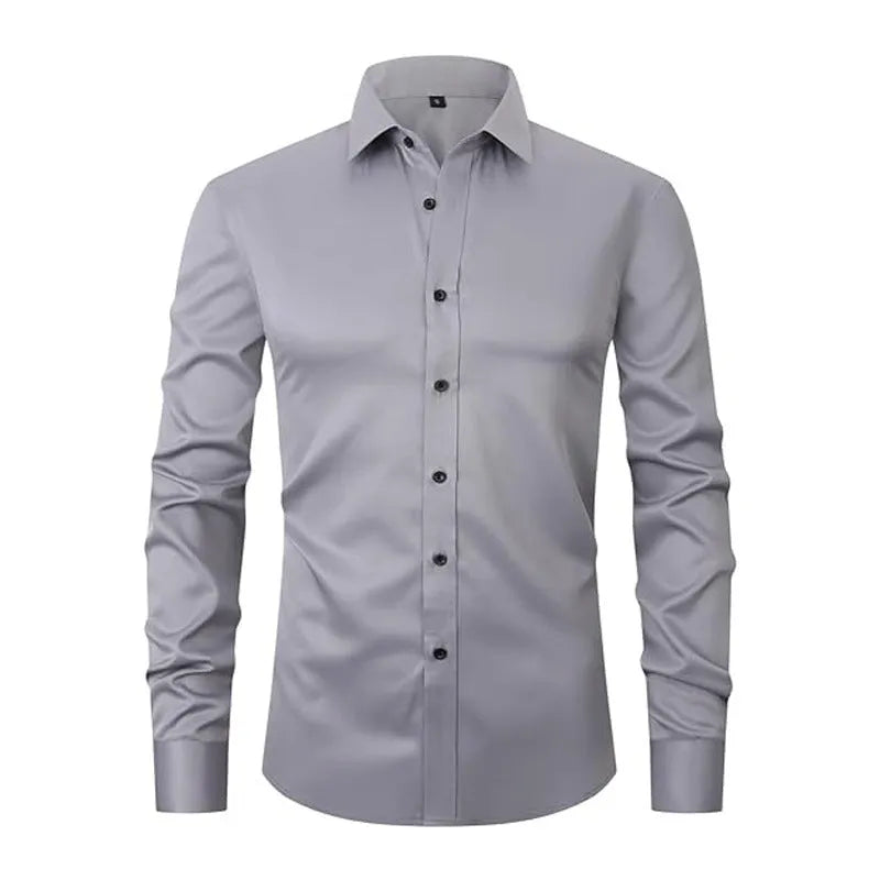 Men's stretch long sleeve work shirt in polyester, showing colour options and size range up to 3XL.