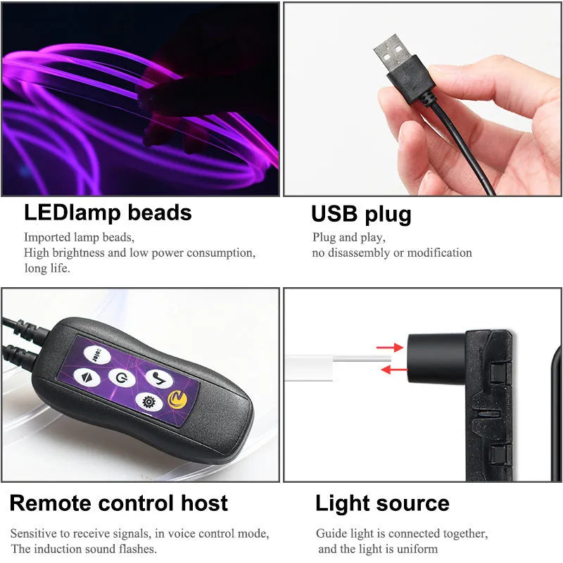 Car LED atmosphere light with colourful changing illumination on dashboard and centre console