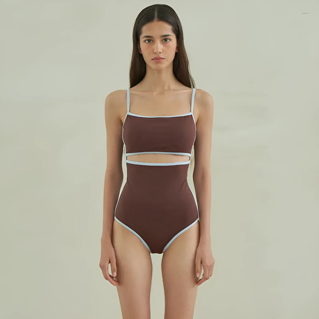 Brown triangle one-piece swimsuit for women with nylon fabric construction
