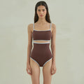 Brown triangle one-piece swimsuit for women with nylon fabric construction