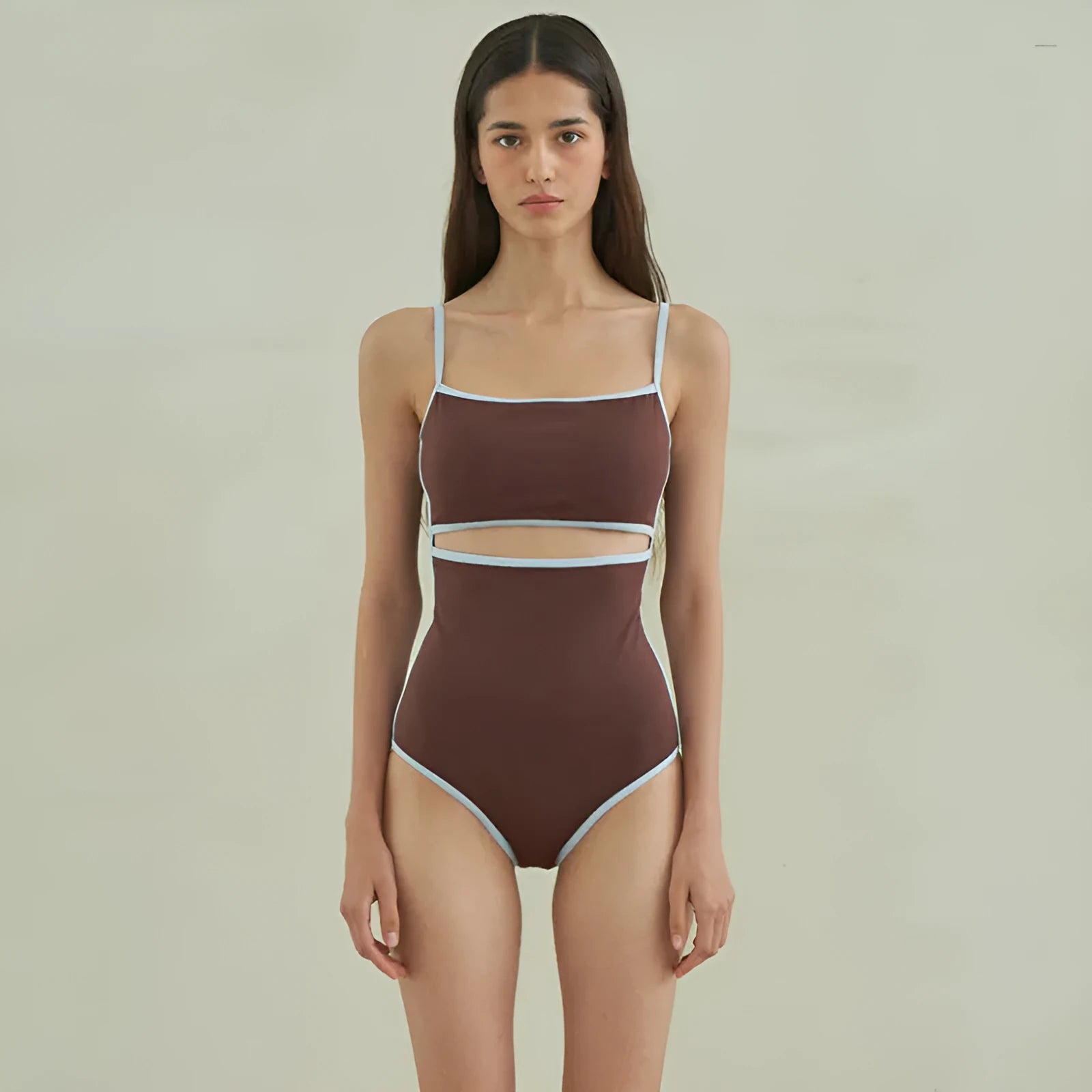 Brown triangle one-piece swimsuit for women with nylon fabric construction