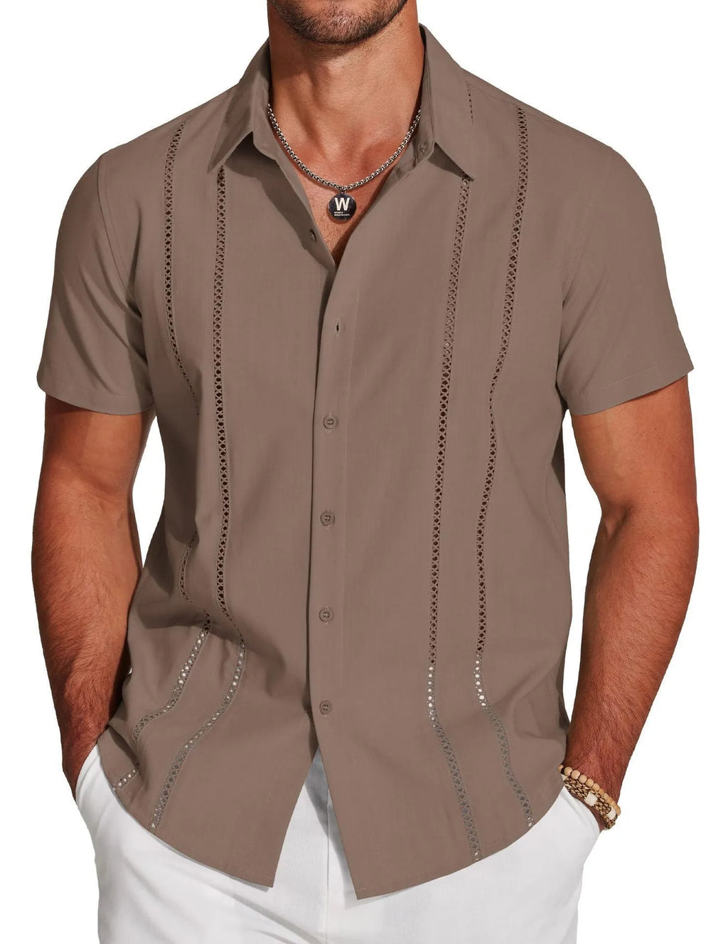 Men's slim fit Hawaiian short sleeve shirt with digital print pattern on elastic polyester fabric