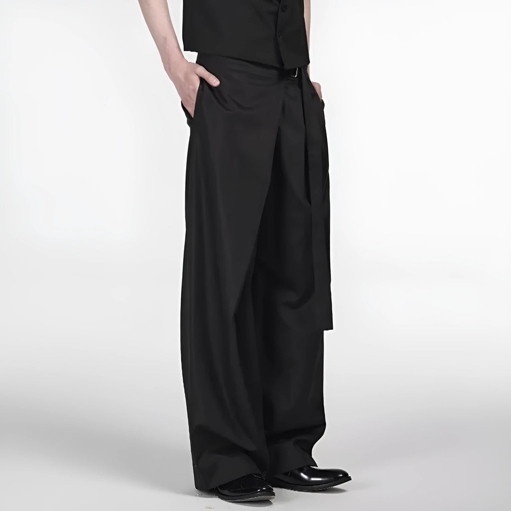 Black straight-leg trousers with a single pleat and adjustable waistband, laid flat.