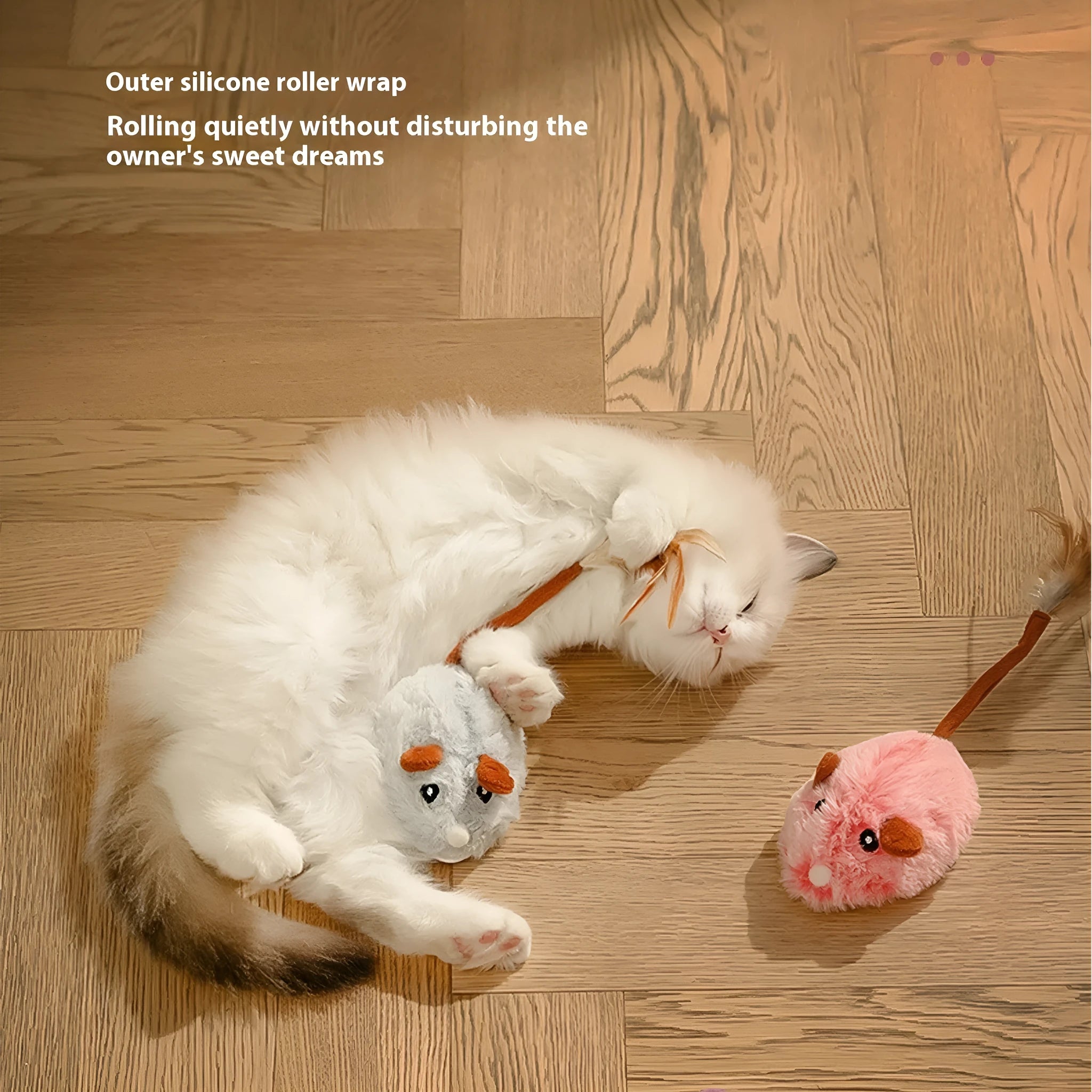Electric moving mouse cat pole toy in pink plush with USB Type-C charging port