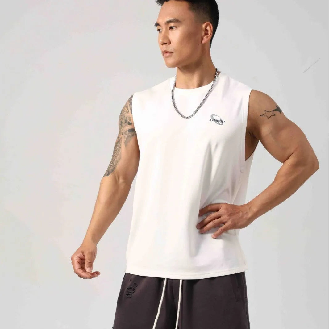 Men's Korean style loose cotton fitness vest with hidden hook side openings in black colour