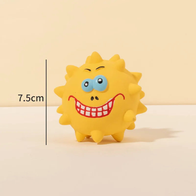 Four colourful natural latex rubber squeaky dog balls with cute faces design, 7.5cm diameter
