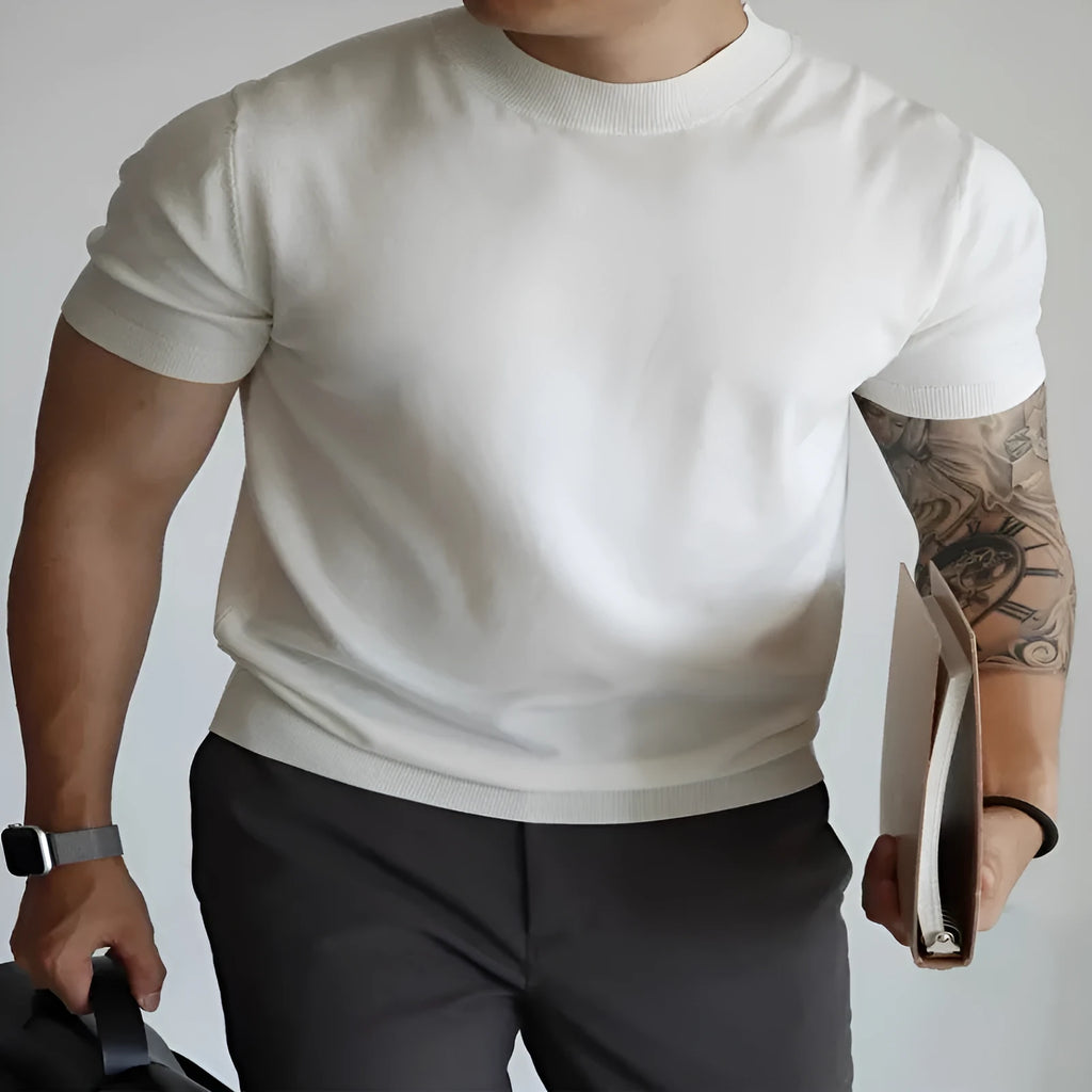 Men's slim-fit short sleeve t-shirt in thin polyester knit, shown in a solid colour.
