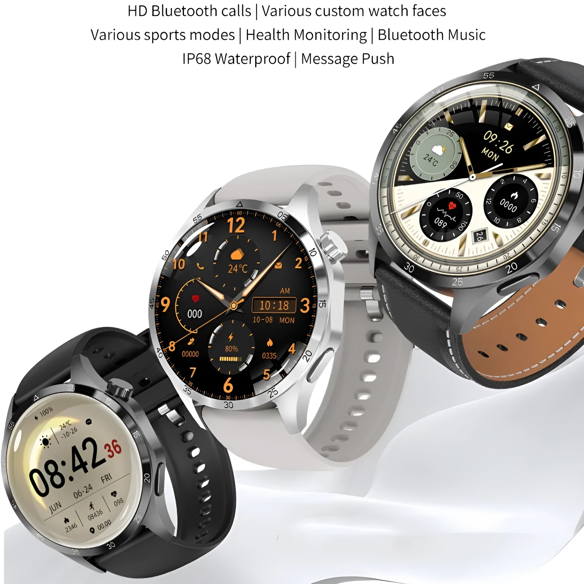 Black smartwatch with Bluetooth calling and health monitoring functions on wrist