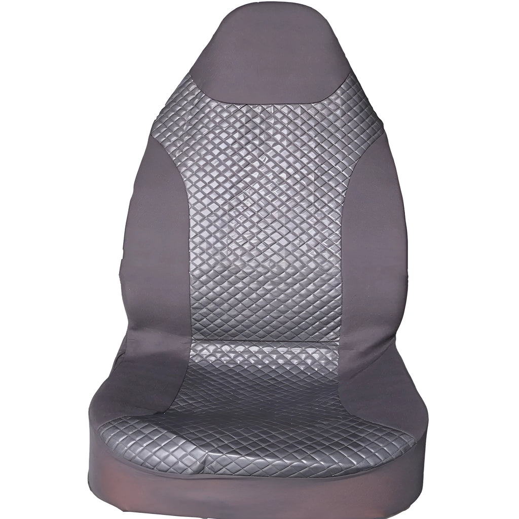 Black quilted car seat cover made of PU and polyester fabric with plastic hooks.