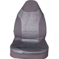 Black quilted car seat cover made of PU and polyester fabric with plastic hooks.