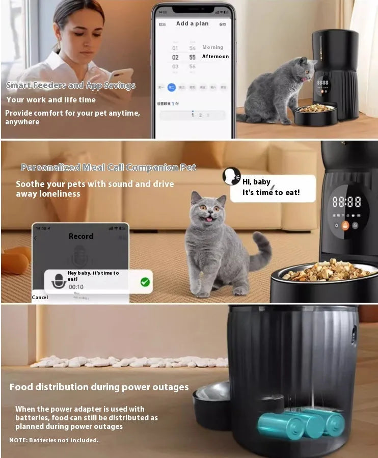 Black automatic pet feeder with display screen and food dispensing bowl for dogs and cats