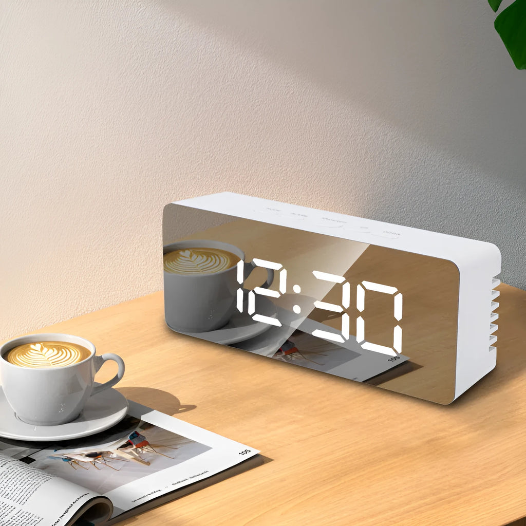 LED digital mirror alarm clock in rectangular or square shape with USB cable, plastic shell, and red blue green or white light