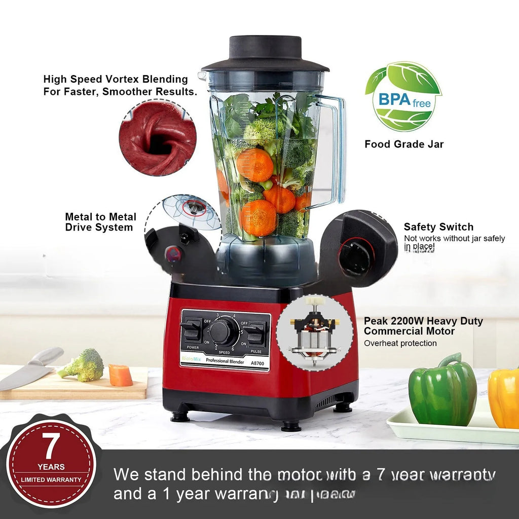 Red A8700 model commercial blender with 2200W motor and 2-litre capacity jug.