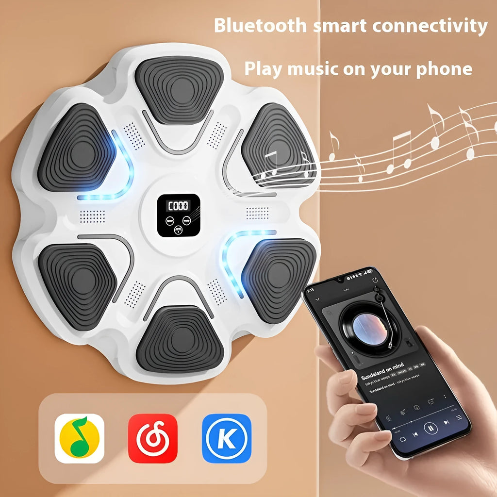 Smart electronic boxing wall target with scoring display and focus gloves for home training.
