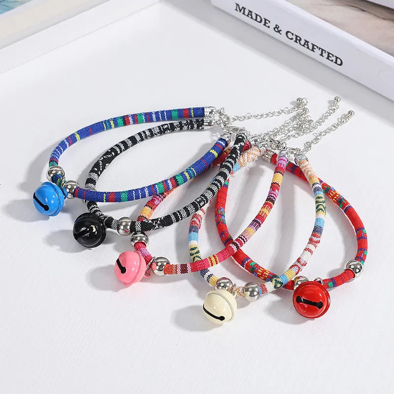Ethnic pattern adjustable pet collar with bell in multiple colours for dogs cats puppies