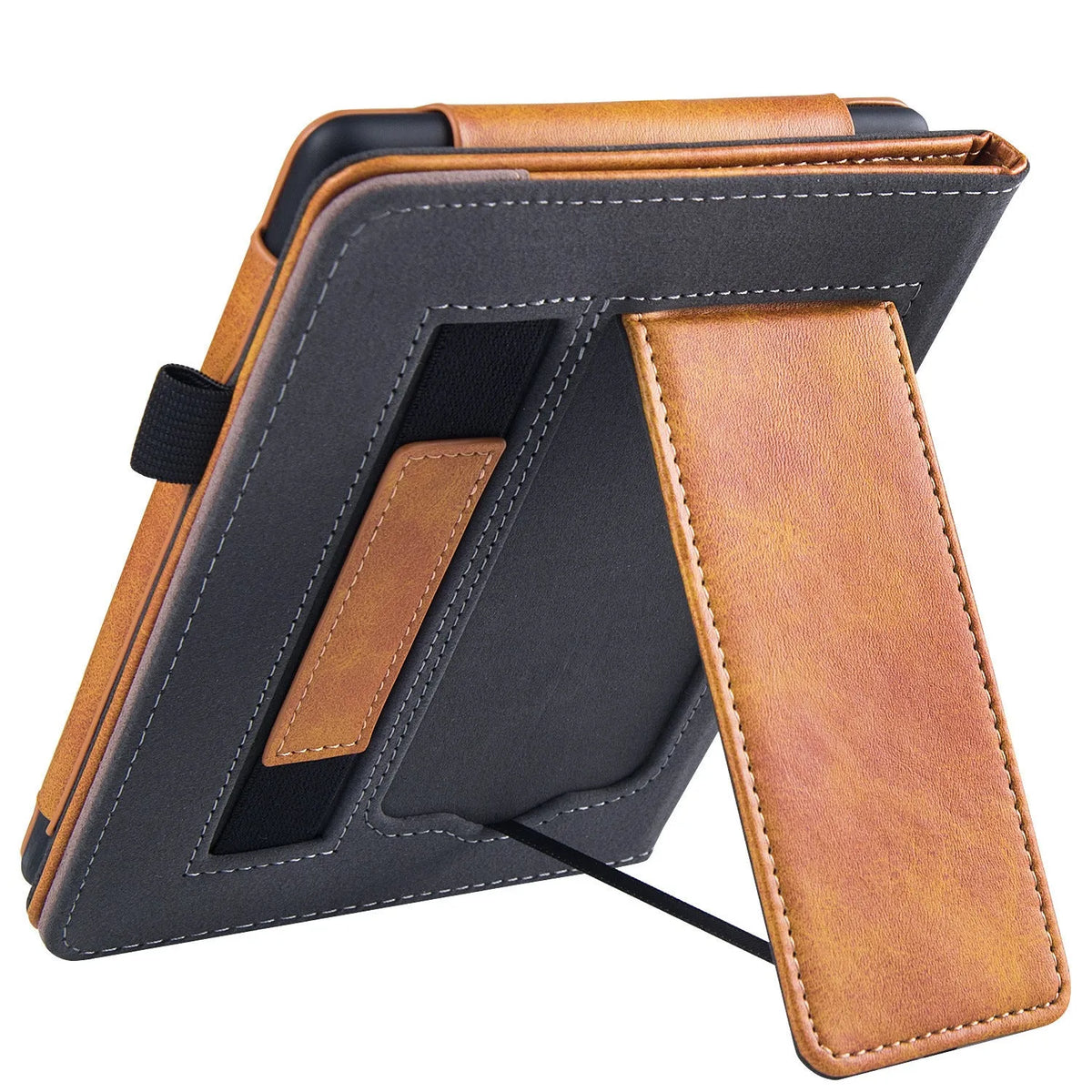 Kindle Paperwhite 11 leather protective case with integrated wrist splint bracket, shown in a selection of colour options.