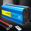 Blue high-power 3000W pure sine wave inverter with digital display and UK socket.