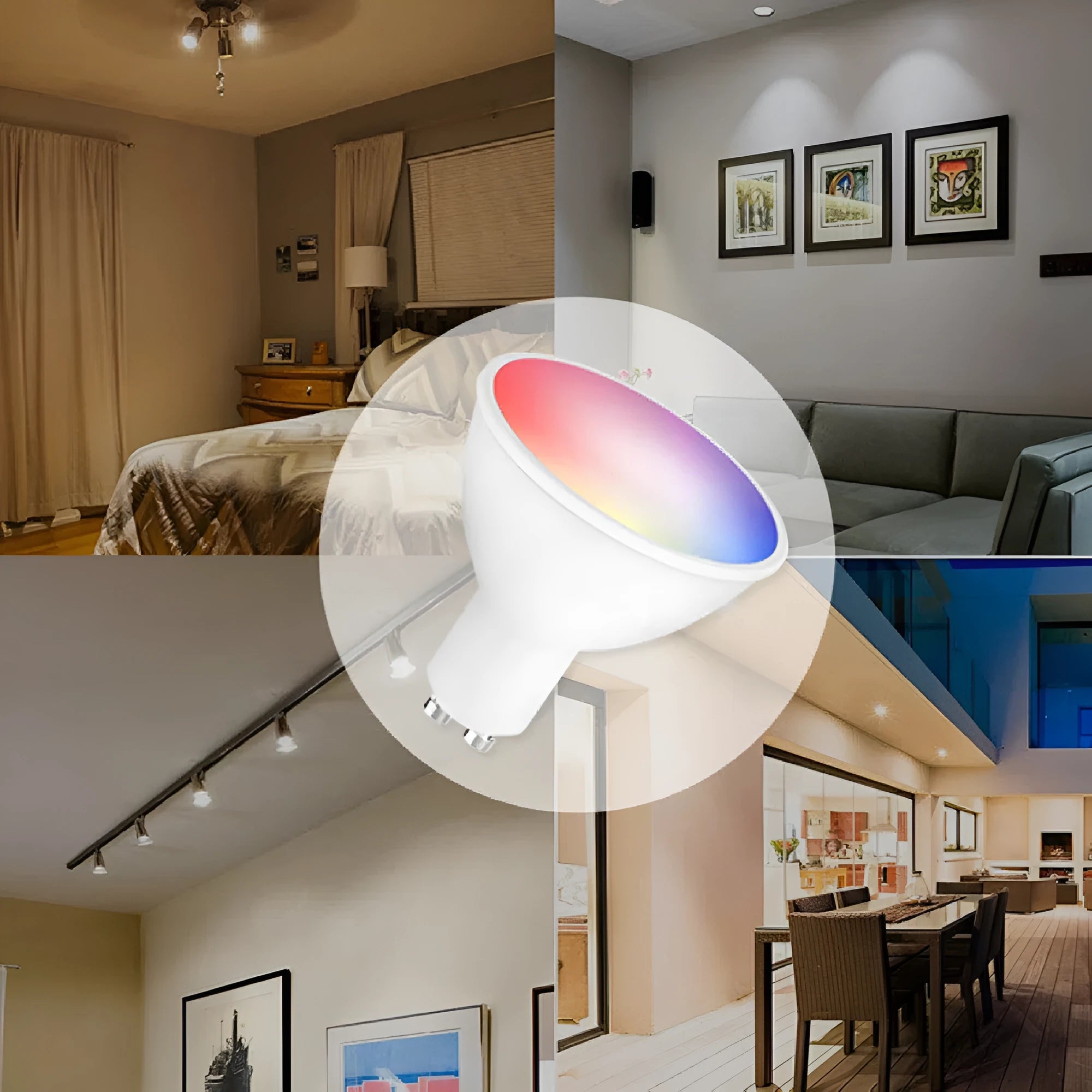 Smart RGBCCT colour-changing GU10 LED spotlight bulb with standard two-pin base.