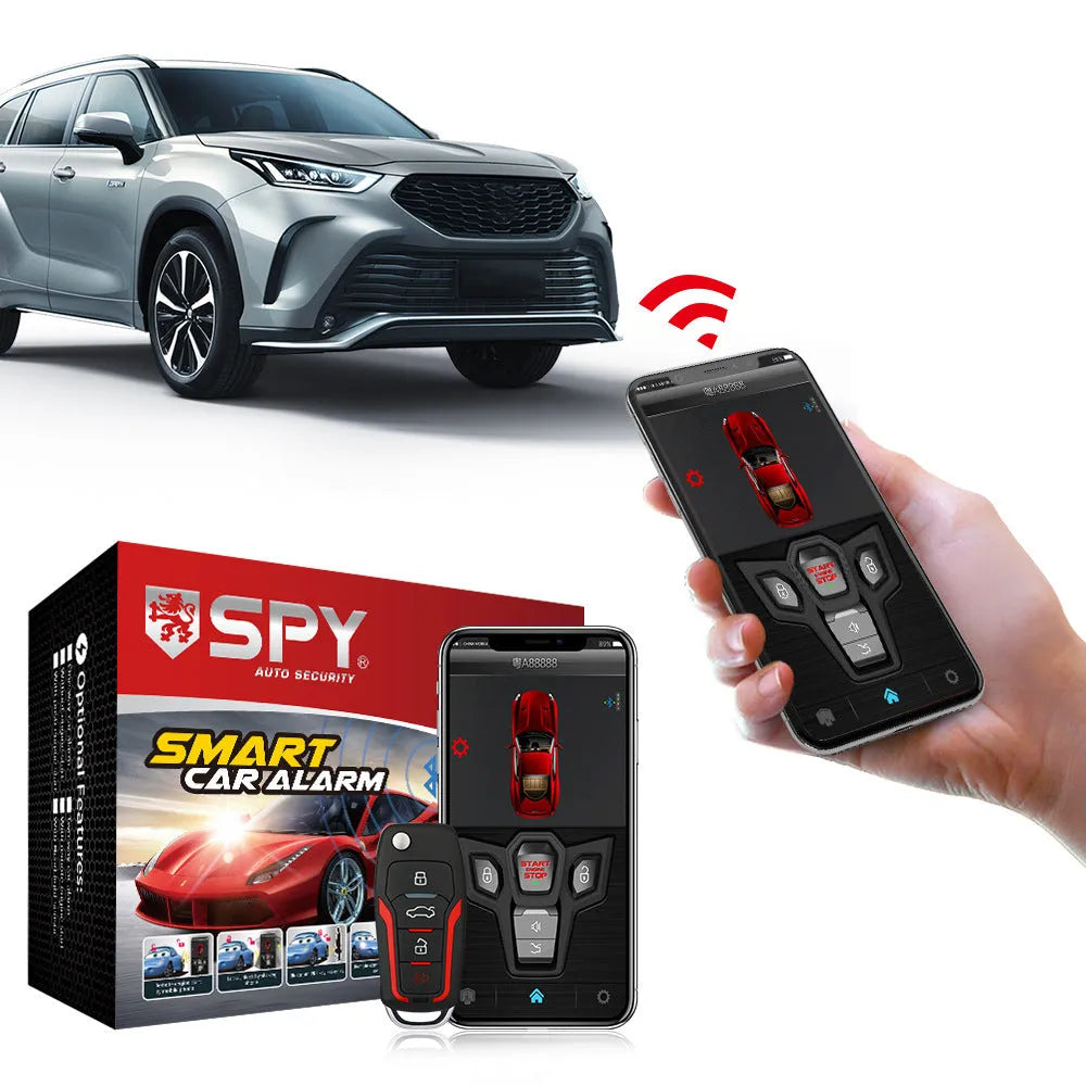 Red and black one-way remote control car alarm system with two remotes displayed.