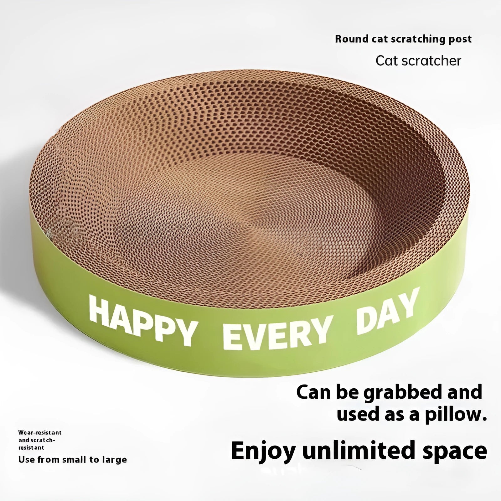 Green round 50cm diameter cat nest with integrated scratching boards and centre cushion area