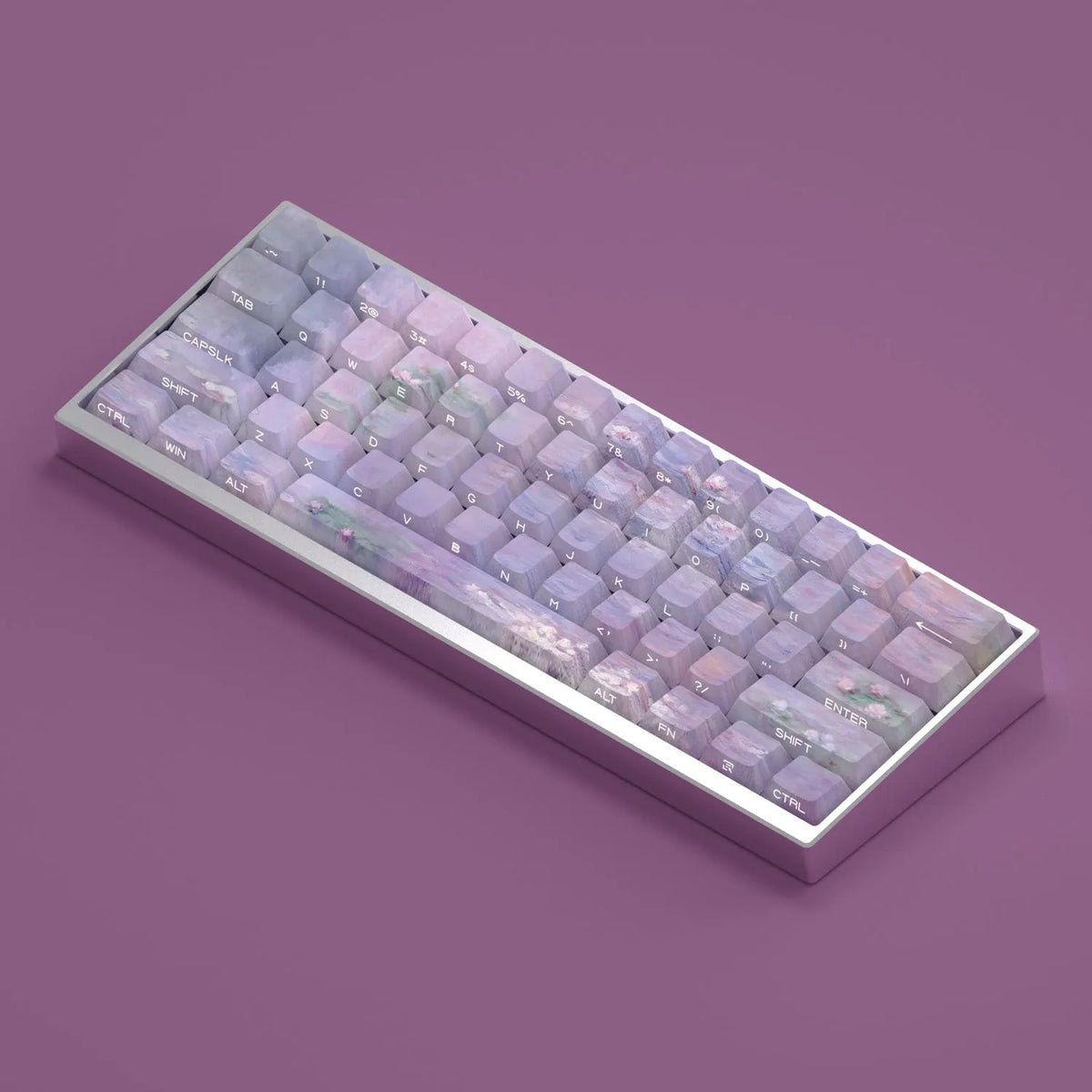 Water lily themed PBT mechanical keyboard keycap set with 130 keys and side-carved transparent characters.