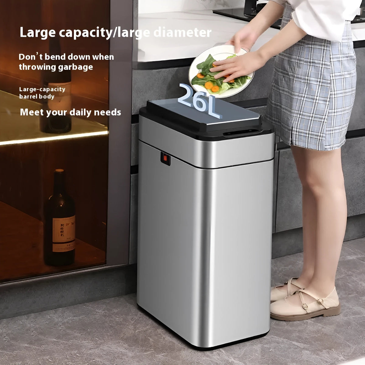 Stainless steel smart trash can with induction opening and square design