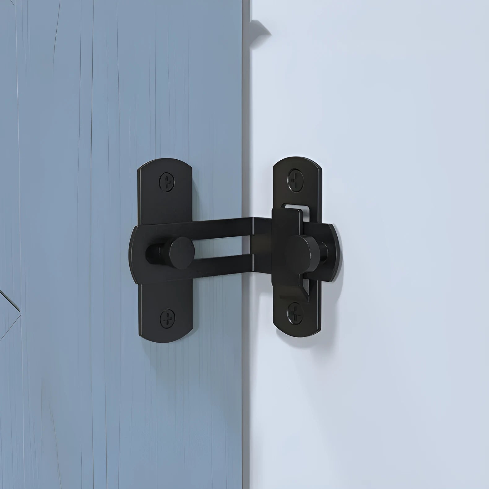 Black carbon steel warehouse hook lock with a 90-degree flat shackle for sliding barn doors.