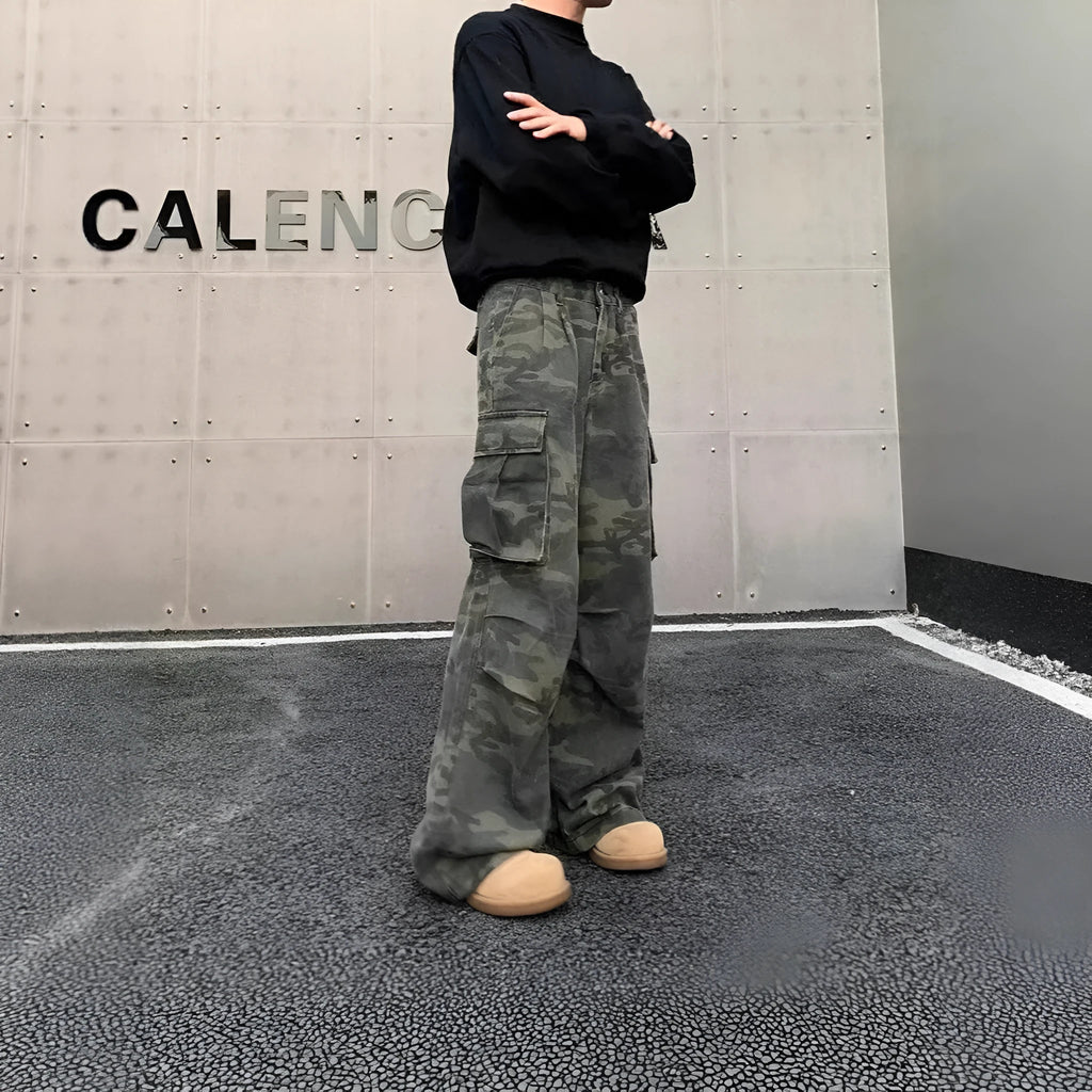 Korean style camouflage cargo pants with multiple pockets and a washed vintage finish.