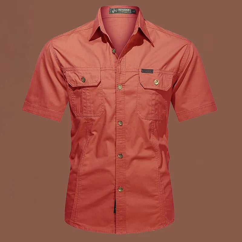 Men's short sleeve cotton work shirt in a loose cardigan style, shown in various colours including army green and blue.