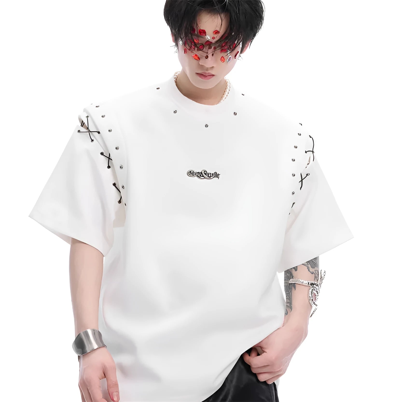 Women's black short sleeve top with a white lace-up cutout detail on the side.