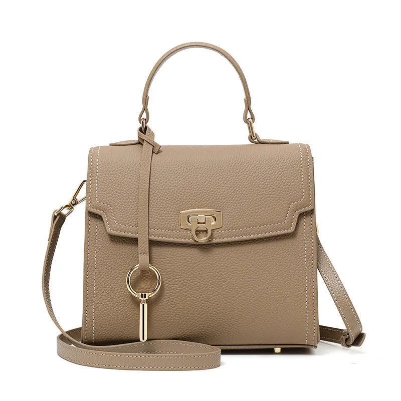 Elephant grey vintage lock handbag with litchi pattern and double shoulder straps