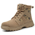 Khaki high-top safety boots with steel toe cap and lace-up front